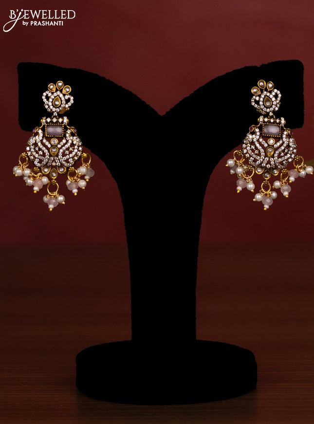 Beaded triple layer baby pink necklace with cz stones and pearl & beads hanging in victorian finish