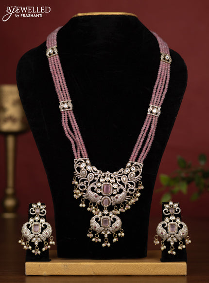 Beaded triple layer baby pink necklace with kundan & cz stones and pearl & beads hanging in victorian finish