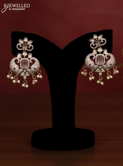 Beaded triple layer baby pink necklace with kundan & cz stones and pearl & beads hanging in victorian finish