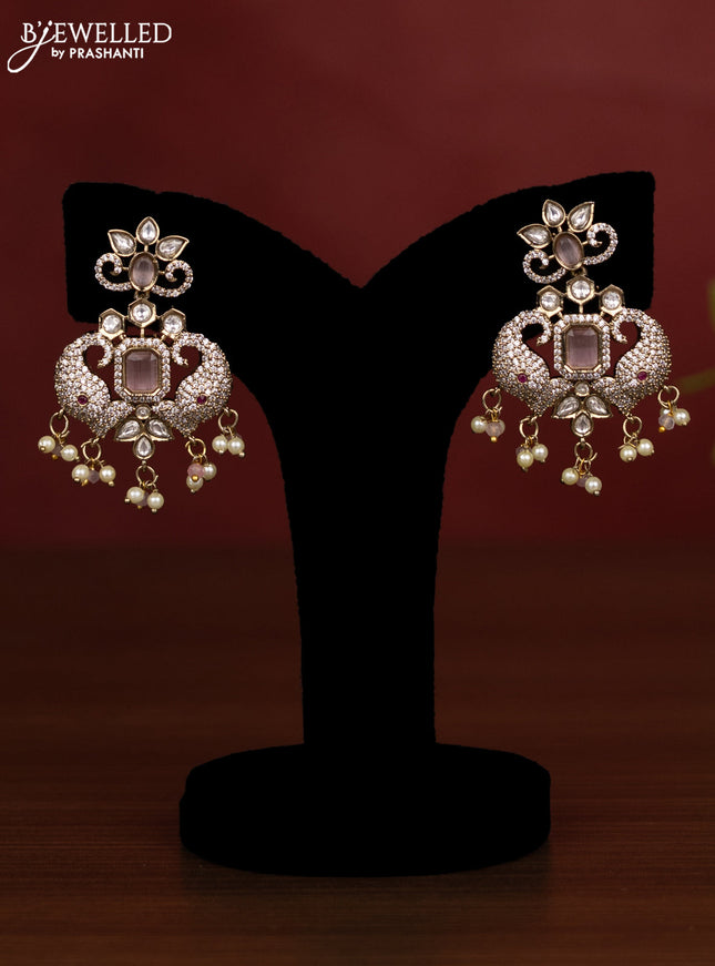 Beaded triple layer baby pink necklace with kundan & cz stones and pearl & beads hanging in victorian finish