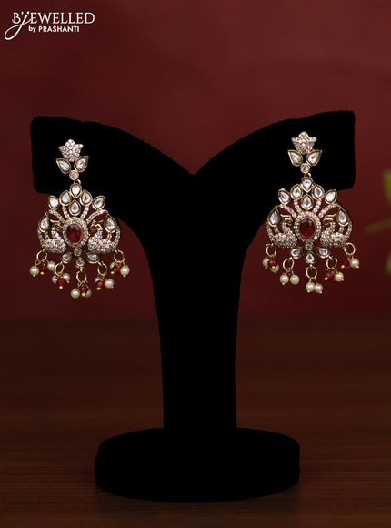 Beaded multilayer maroon necklace peacock design with ruby kundan & cz stones and pearl & beads hanging in victorian finish