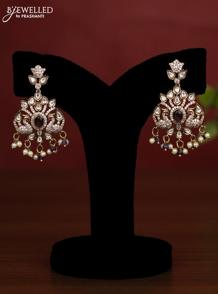 Beaded multilayer violet necklace peacock design with kundan & cz stones and pearl & beads hanging in victorian finish