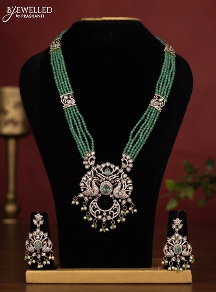 Beaded multilayer baby pink necklace peacock design with kundan & cz stones and pearl & beads hanging in victorian finish