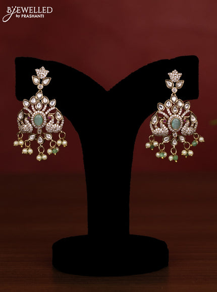 Beaded multilayer baby pink necklace peacock design with kundan & cz stones and pearl & beads hanging in victorian finish