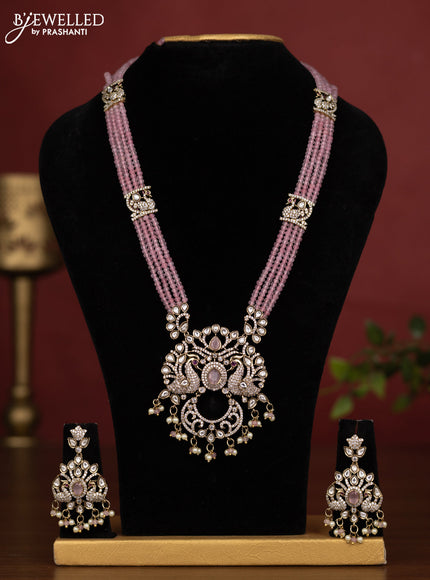 Beaded multilayer mint green necklace peacock design with kundan & cz stones and pearl & beads hanging in victorian finish