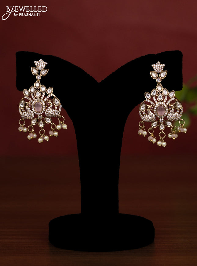 Beaded multilayer mint green necklace peacock design with kundan & cz stones and pearl & beads hanging in victorian finish