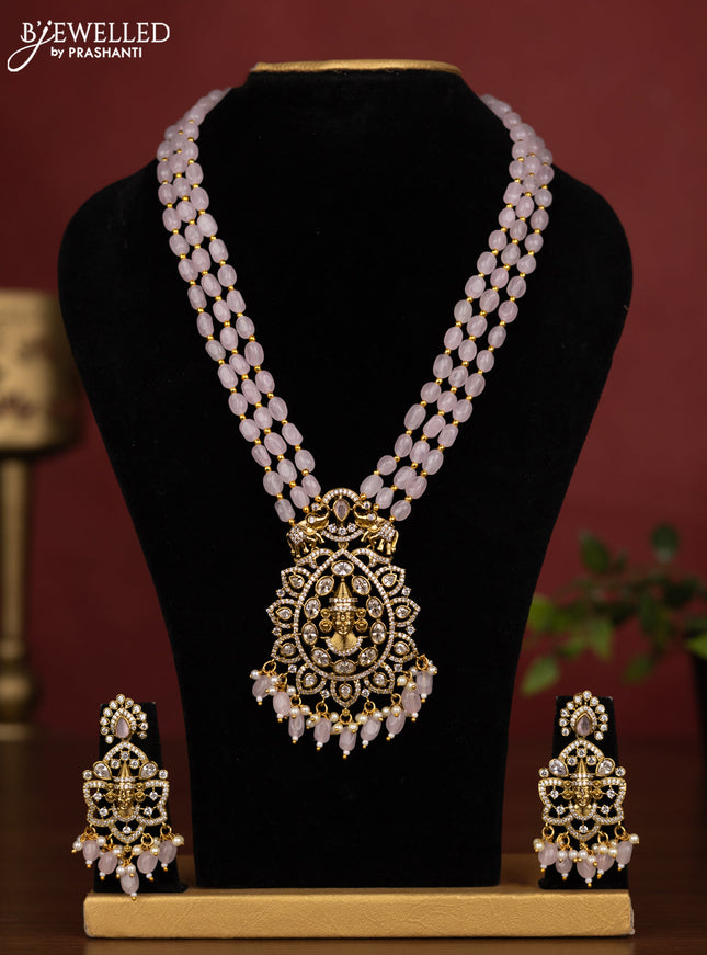 Beaded triple layer baby pink necklace tiruapti balaji pendant with cz stones and pearl & beads hanging in victorian finish