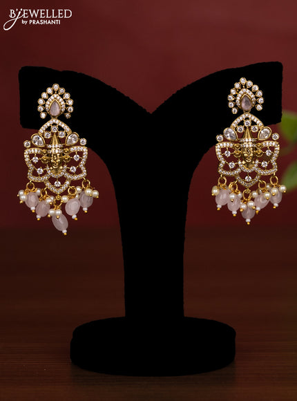 Beaded triple layer baby pink necklace tiruapti balaji pendant with cz stones and pearl & beads hanging in victorian finish