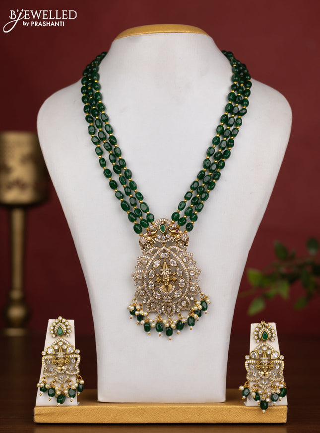 Beaded triple layer green necklace tiruapti balaji pendant with cz stones and pearl & beads hanging in victorian finish