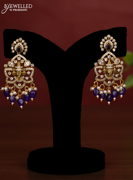 Beaded triple violet necklace tiruapti balaji pendant with cz stones and pearl & beads hanging in victorian finish