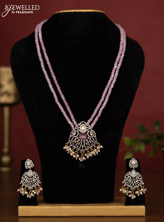 Beaded double layer baby pink necklace with kundan & cz stones and pearl & beads hanging in victorian finish