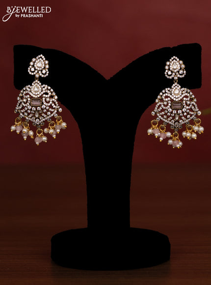 Beaded double layer baby pink necklace with kundan & cz stones and pearl & beads hanging in victorian finish