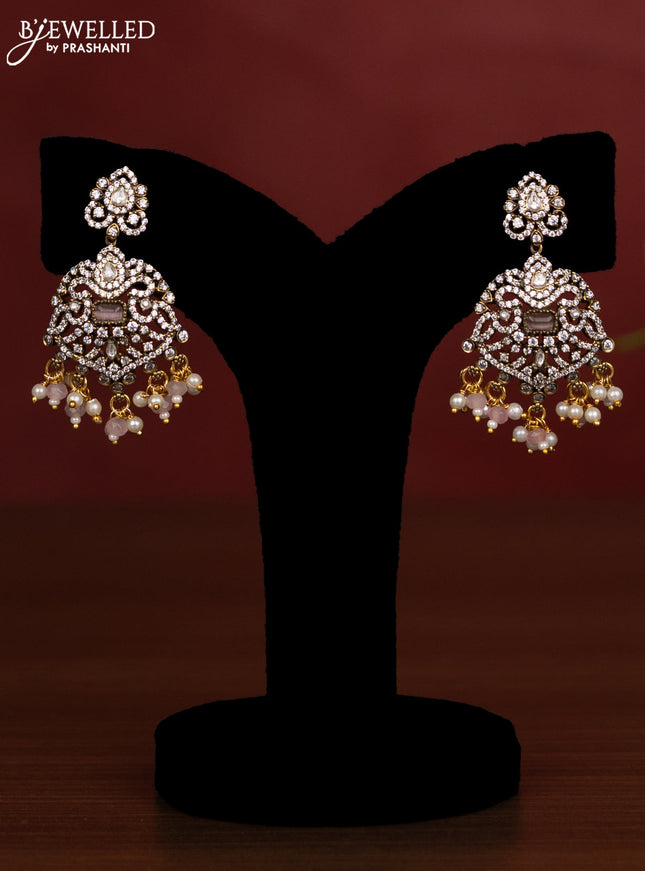 Beaded double layer baby pink necklace with kundan & cz stones and pearl & beads hanging in victorian finish