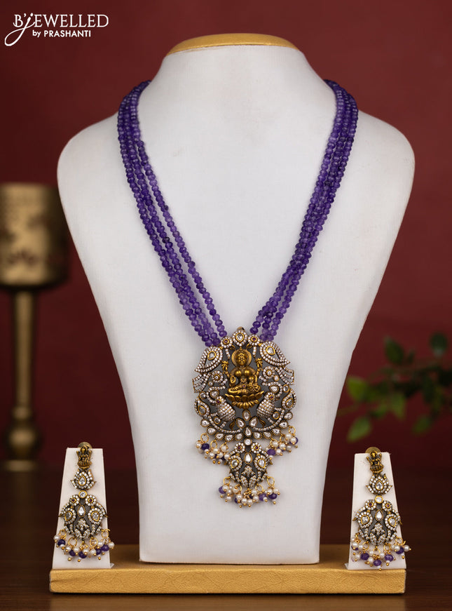 Beaded triple layer violet necklace lakshmi pendant with kundan & cz stones and pearl & beads hanging in victorian finish