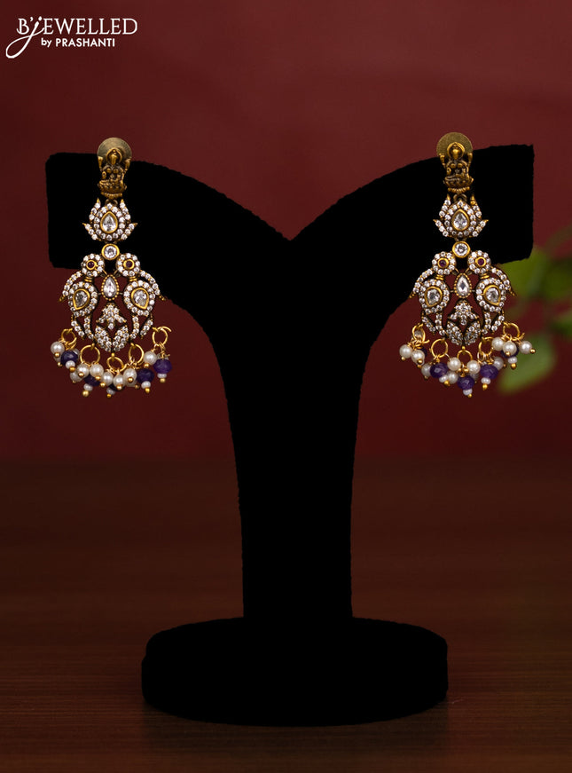 Beaded triple layer violet necklace lakshmi pendant with kundan & cz stones and pearl & beads hanging in victorian finish