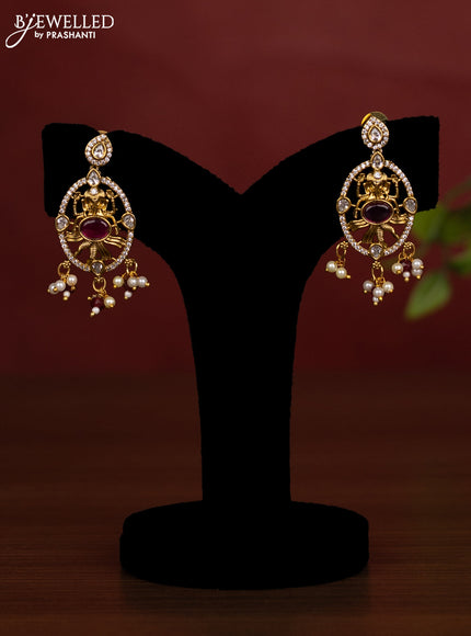 Beaded triple layer maroon necklace ganesha pendant with ruby & cz stones and pearl & beads hanging in victorian finish