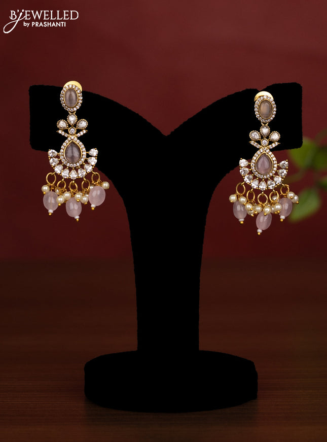 Beaded triple layer baby pink necklace peacock design with kundan & cz stones and pearl & beads hanging in victorian finish