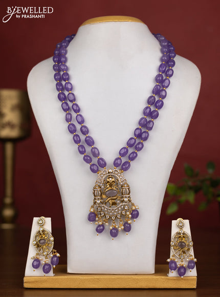 Beaded double layer violet necklace ganesha pendant with cz stones and pearl & beads hanging in victorian finish