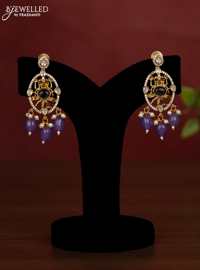 Beaded double layer violet necklace ganesha pendant with cz stones and pearl & beads hanging in victorian finish