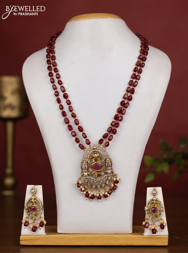 Beaded double layer maroon necklace ganesha pendant with ruby & cz stones and pearl & beads hanging in victorian finish