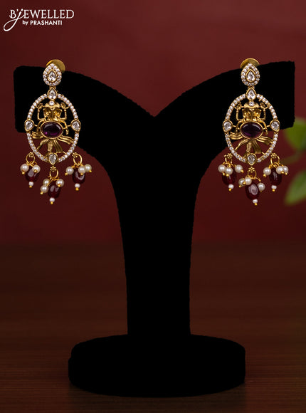 Beaded double layer maroon necklace ganesha pendant with ruby & cz stones and pearl & beads hanging in victorian finish