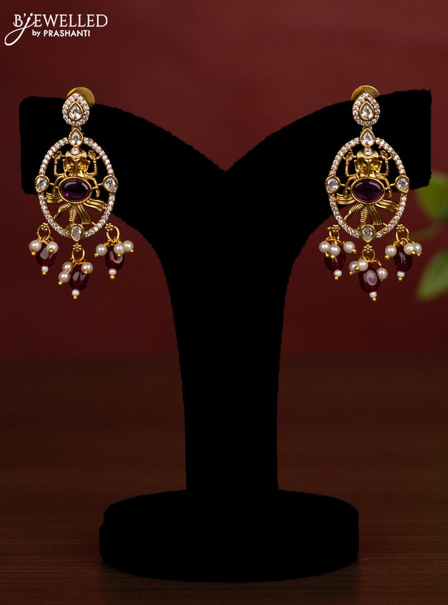 Beaded double layer maroon necklace ganesha pendant with ruby & cz stones and pearl & beads hanging in victorian finish