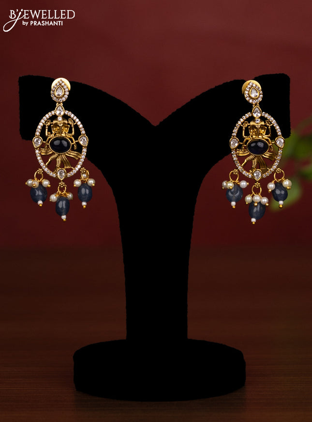 Beaded double layer blue necklace ganesha pendant with sapphire & cz stones and pearl & beads hanging in victorian finish