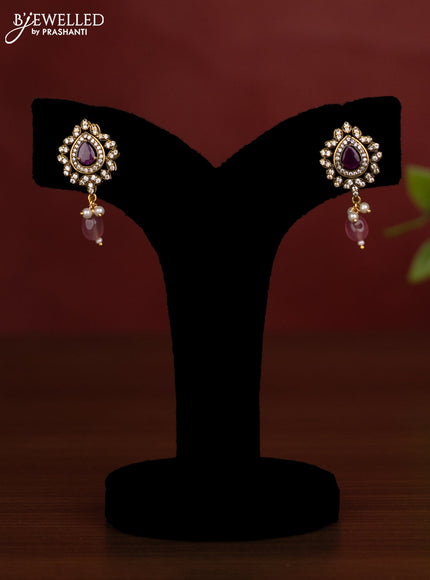 Beaded multilayer pink necklace with ruby and cz stones side pendant in victorian finish