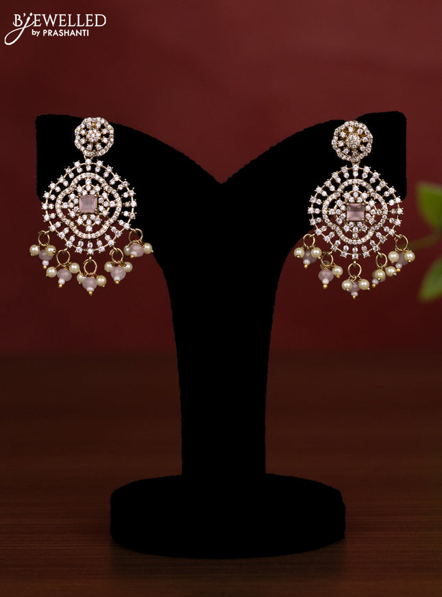 Beaded triple layer baby pink necklace with cz stones and pearl & beads hanging in victorian finish