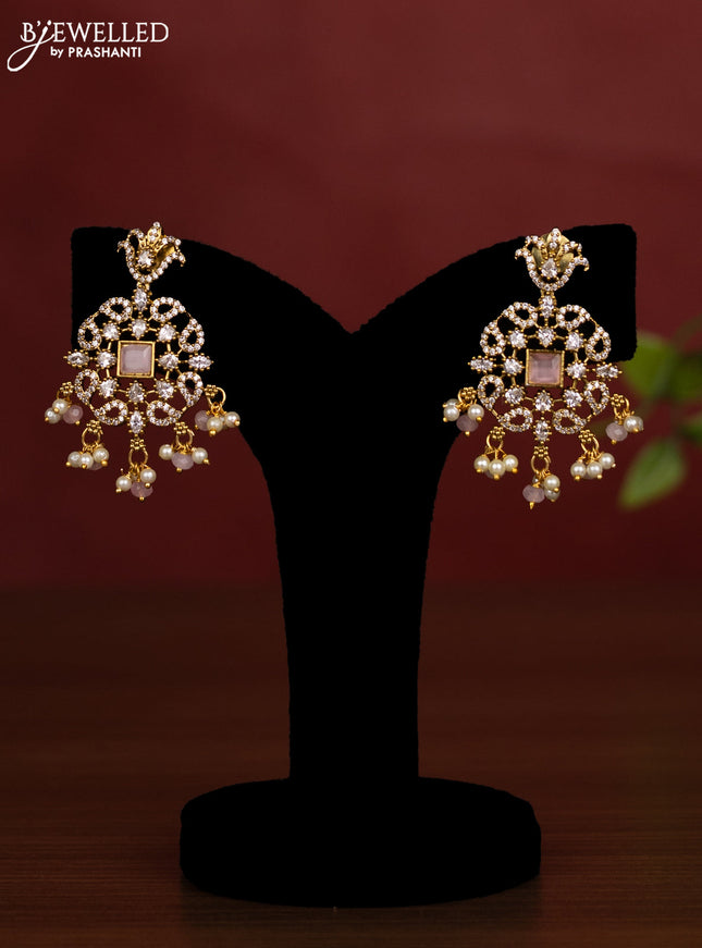 Beaded triple layer baby pink necklace with cz stones and pearl & beads hanging in victorian finish