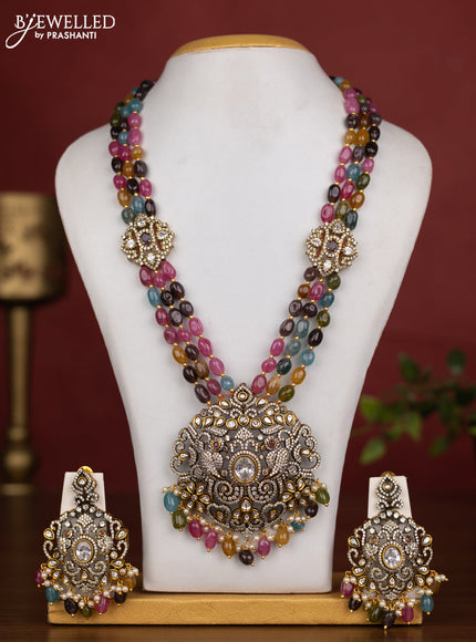 Beaded triple layer multicolour necklace parrot design with kundan & cz stones and pearl & beads hanging in victorian finish