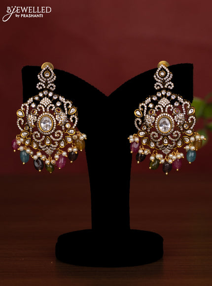 Beaded triple layer multicolour necklace parrot design with kundan & cz stones and pearl & beads hanging in victorian finish