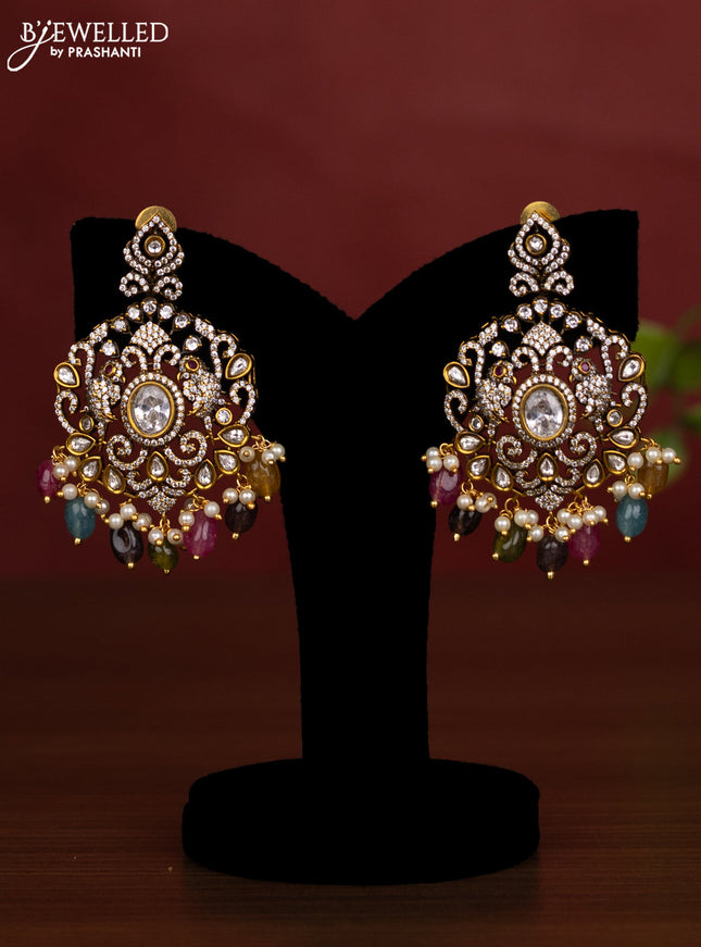 Beaded triple layer multicolour necklace parrot design with kundan & cz stones and pearl & beads hanging in victorian finish