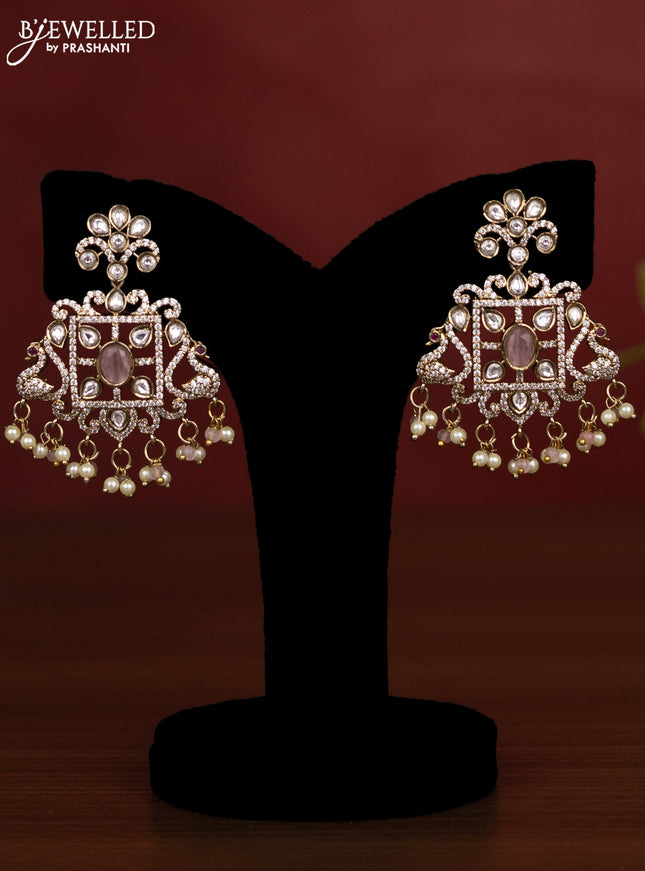 Beaded multilayer baby pink necklace with kundan & cz stones and pearl & beads hanging in victorian finish