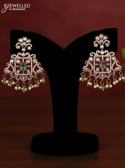 Beaded multilayer mint green necklace with kundan & cz stones and pearl & beads hanging in victorian finish