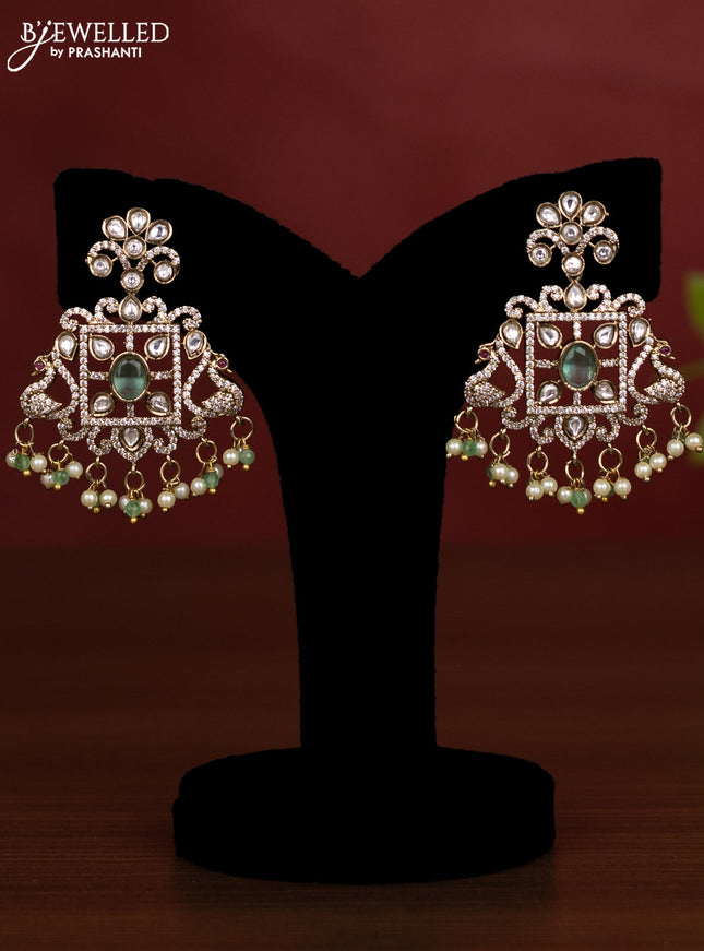 Beaded multilayer mint green necklace with kundan & cz stones and pearl & beads hanging in victorian finish