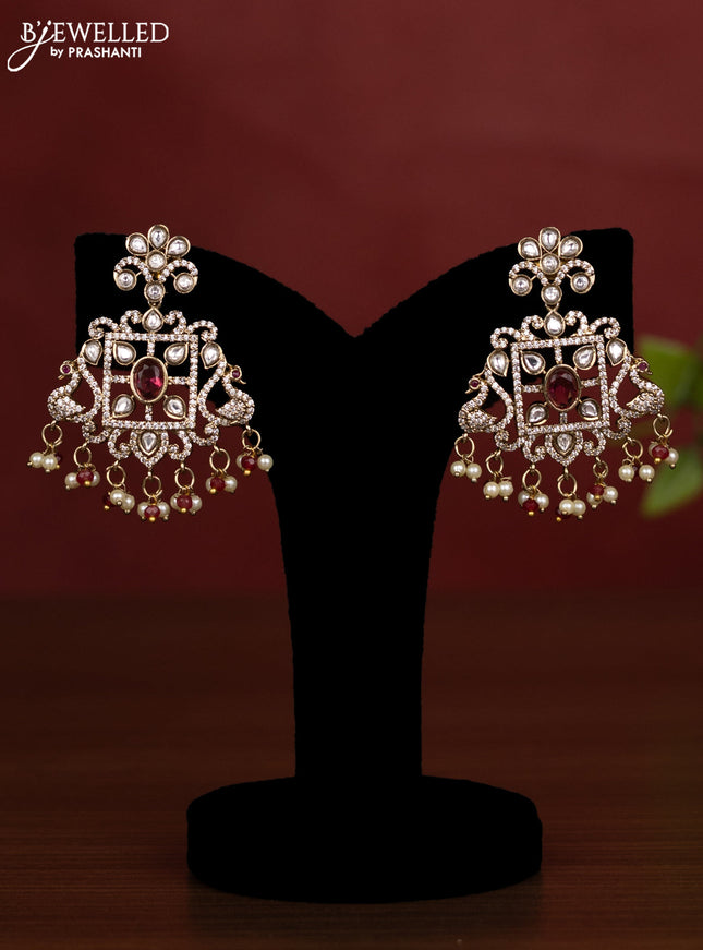 Beaded multilayer maroon necklace with ruby kundan & cz stones and pearl & beads hanging in victorian finish