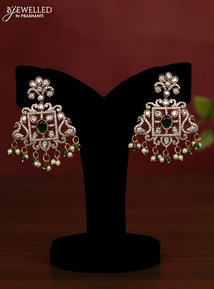 Beaded multilayer green necklace with emerald kundan & cz stones and pearl & beads hanging in victorian finish