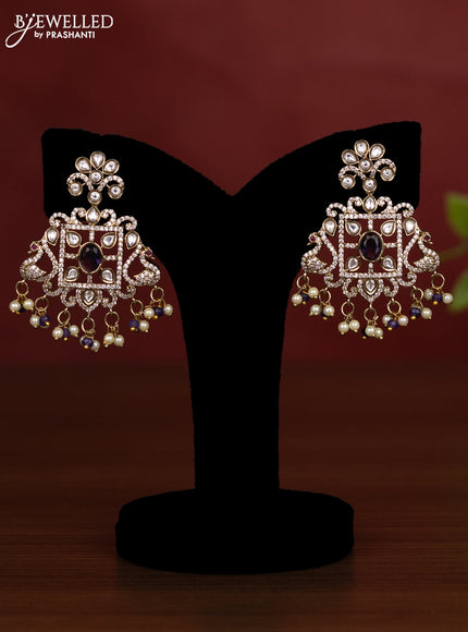 Beaded multilayer violet necklace with kundan & cz stones and pearl & beads hanging in victorian finish