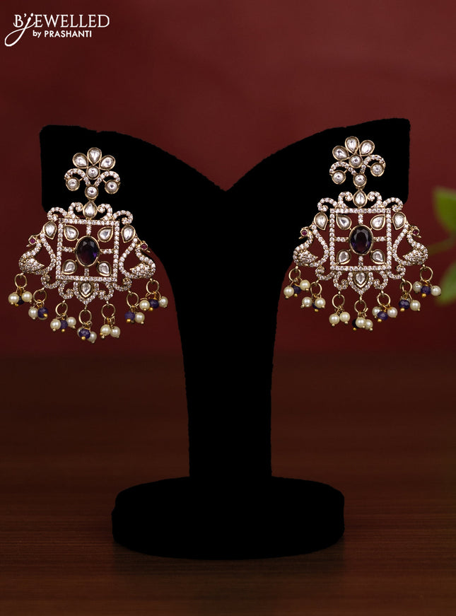 Beaded multilayer violet necklace with kundan & cz stones and pearl & beads hanging in victorian finish