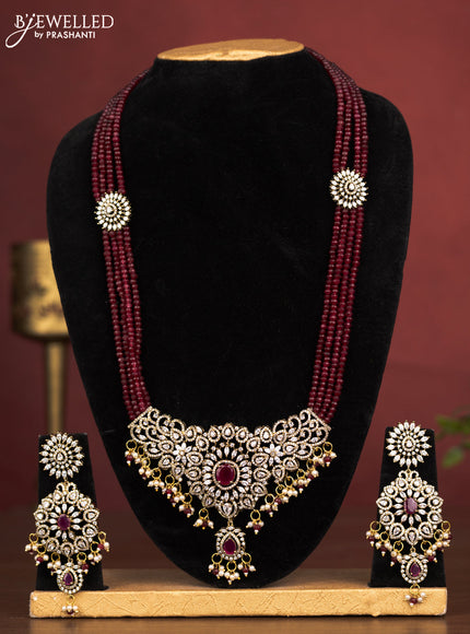 Beaded multilayer maroon haaram with ruby & cz stones and pearl & beads hanging in victorian finish