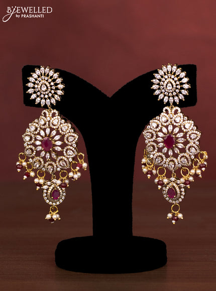 Beaded multilayer maroon haaram with ruby & cz stones and pearl & beads hanging in victorian finish
