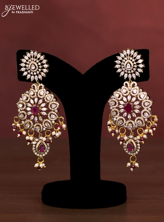 Beaded multilayer maroon haaram with ruby & cz stones and pearl & beads hanging in victorian finish