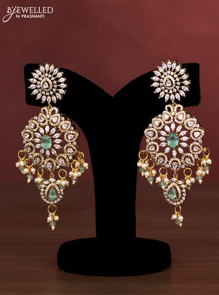 Beaded multilayer mint green haaram with cz stones and pearl & beads hanging in victorian finish