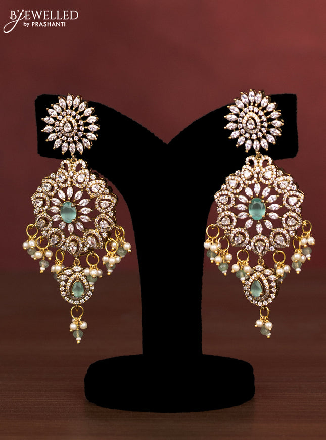 Beaded multilayer mint green haaram with cz stones and pearl & beads hanging in victorian finish