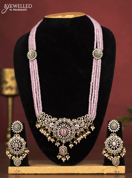 Beaded multilayer baby pink haaram with cz stones and pearl & beads hanging in victorian finish