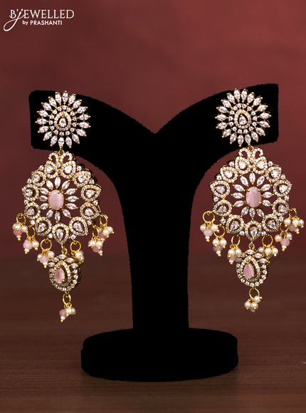 Beaded multilayer baby pink haaram with cz stones and pearl & beads hanging in victorian finish