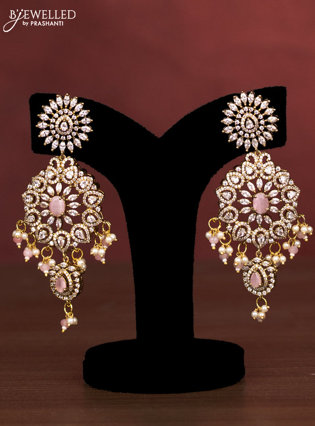 Beaded multilayer baby pink haaram with cz stones and pearl & beads hanging in victorian finish