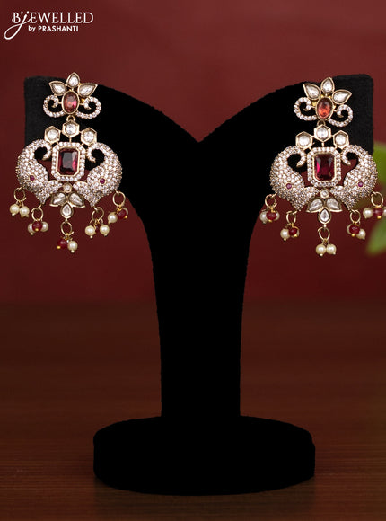 Beaded multilayer maroon necklace with ruby kundan & cz stones and pearl & beads hanging in victorian finish