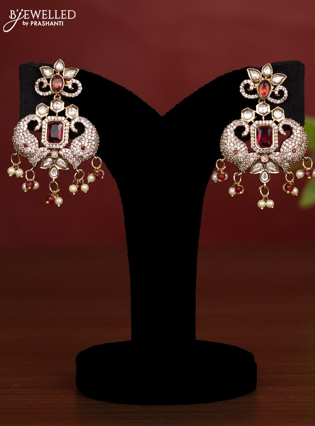 Beaded multilayer maroon necklace with ruby kundan & cz stones and pearl & beads hanging in victorian finish